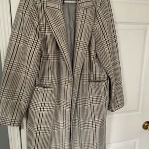 Primark Neutral Plaid Coat in Cream and light blue highlights